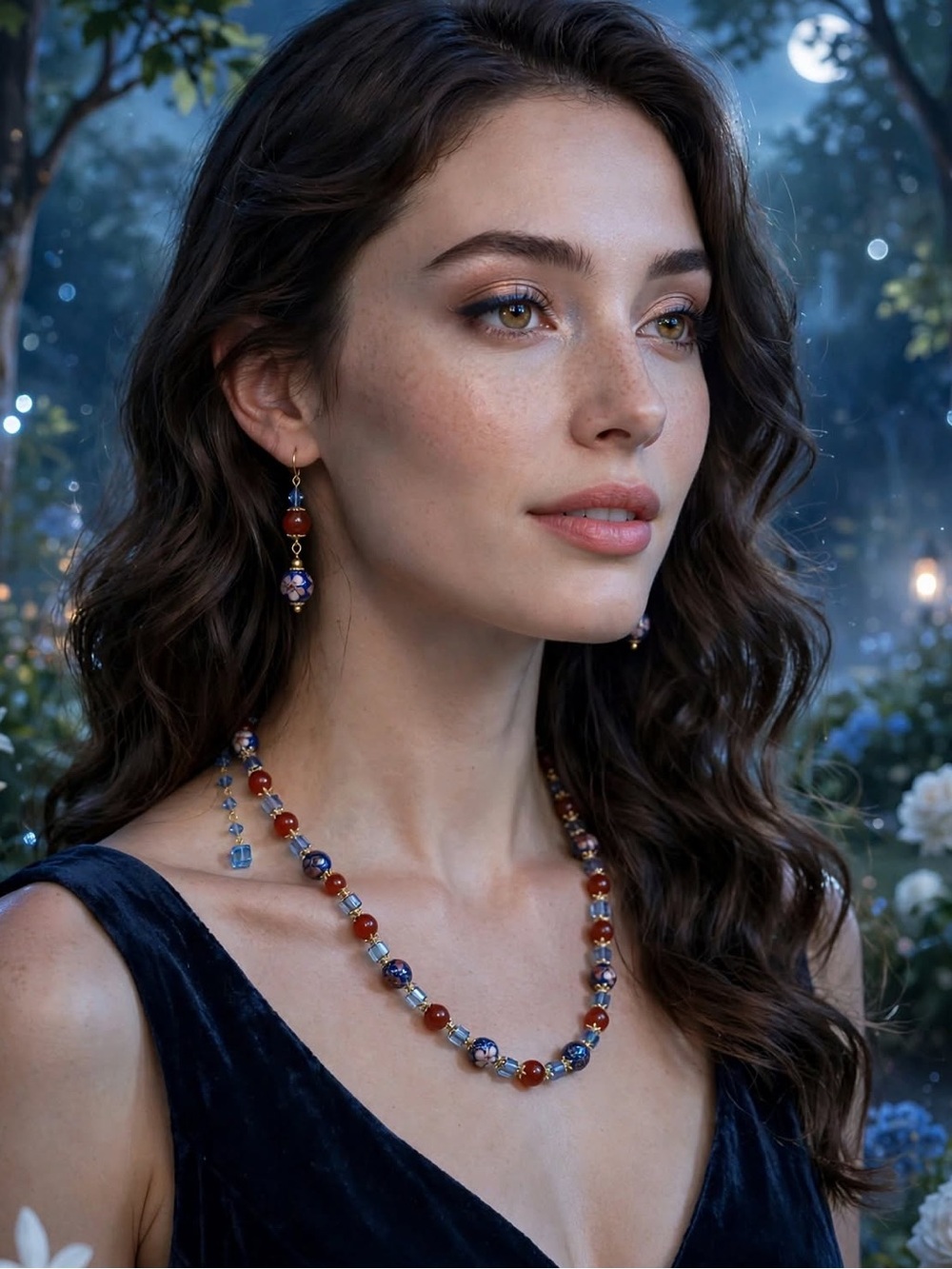Artisan Dark Blue Cloisonne & Red Carnelian Necklace & Earrings (7)
